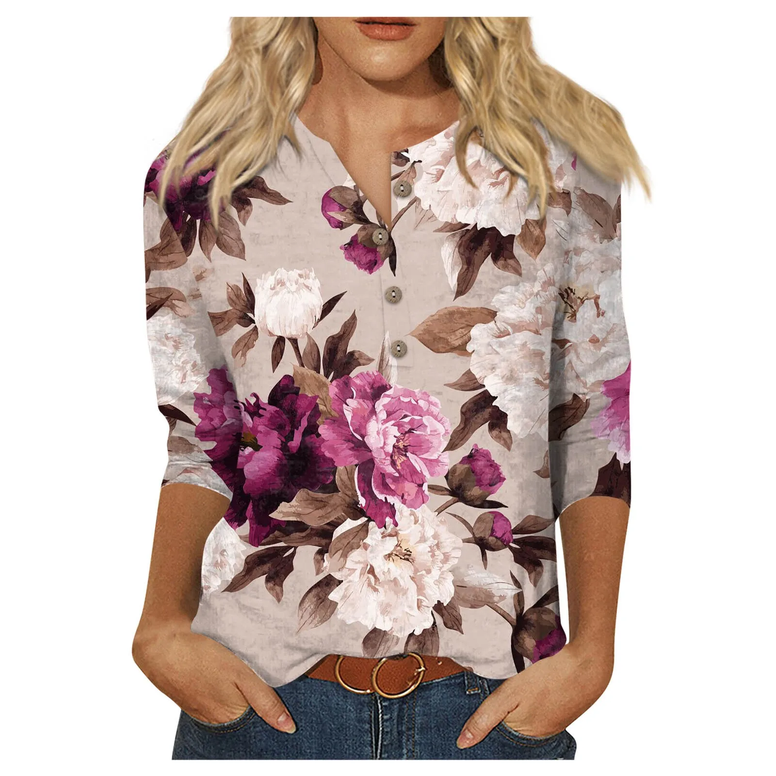 

Ladies Floral Print Three Quarter Sleeve Button Collar Top T-Shirt Bottom Shirt Summer Clothes For Women майка женская топы