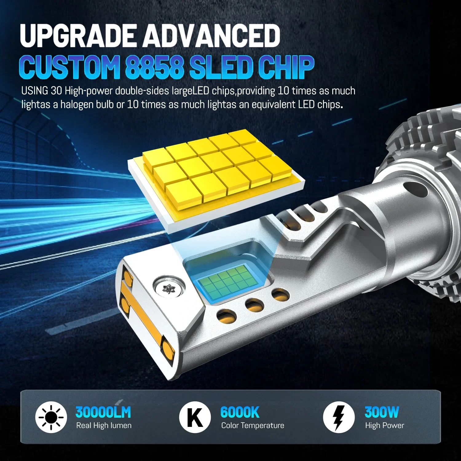 HYNBYZJ 차량용 LED 헤드라이트 전구, 300W, H7, H4, H11, 3 구리 튜브, H1, H8, H9, HB3, 9005, HB4, 9006, 12V, 24V