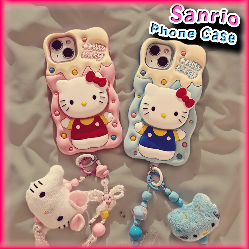 

Kawaii Hello Kitty Phone Case for IPhone 11 12 13 14 15 Pro Max Sanrio Anime 3D funny Fashion Protective Case with Bracelet