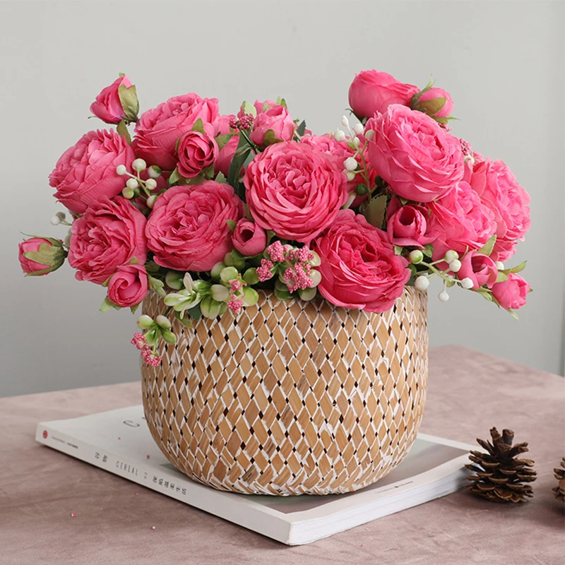 Description Picture 4 of itemHot Selling 1pcs/30cm Rose Pink Silk Bouquet Peony Artificial Flower 5 Big Head 4 Small Bud Bride Wedding Home Decoration