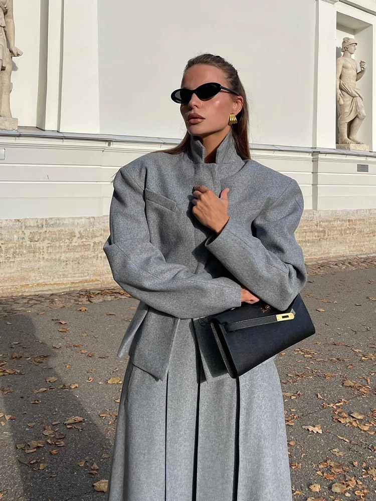 Autumn Winter Lady Office Two-piece Set Woolen Coat Skirt Set