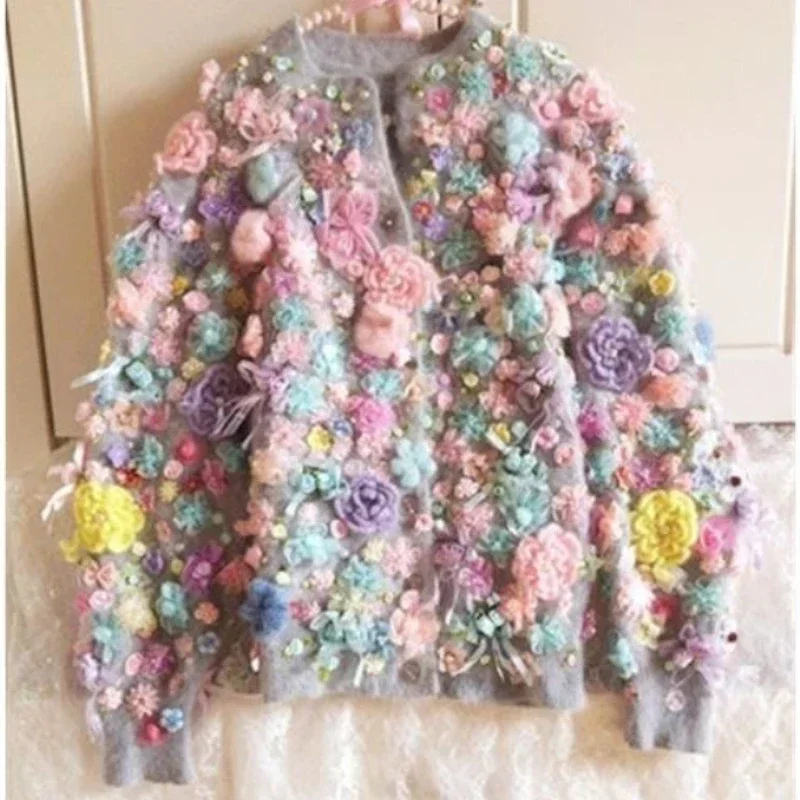 Handmade 3D Flowers Embroidery Hooked Sweater Coat Crocheted