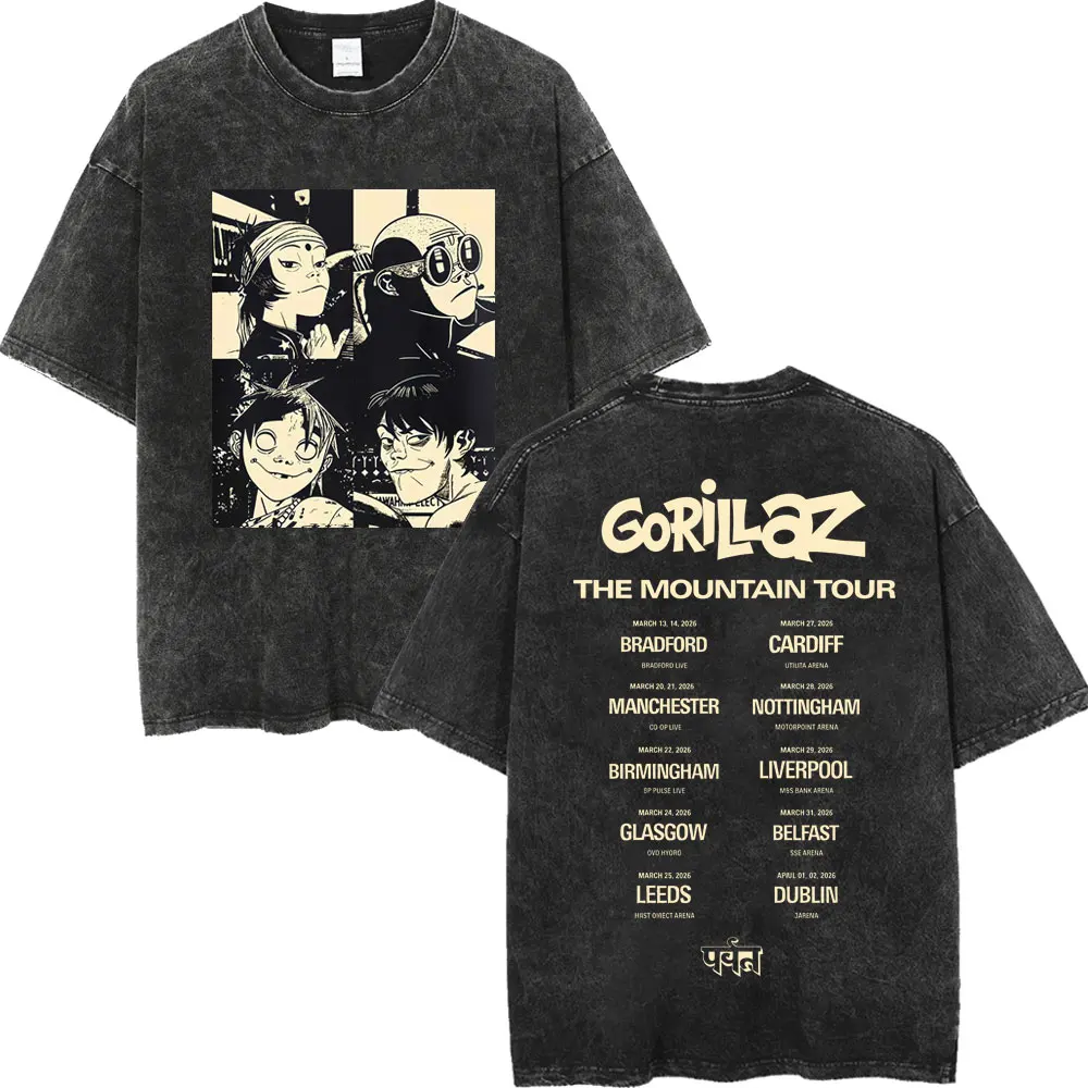 Gorillaz The Mountain Tour 캐주얼 패션 그래픽 탑 여성용 티셔츠 유니섹스 티셔츠 남성용 코튼 반팔 워시 티셔츠