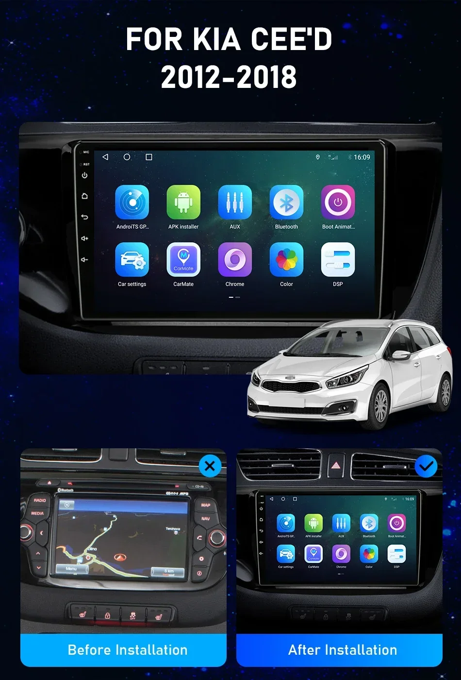 Srnubi 2 Din Stereo mit CarPlay Android Auto für KIA Cee'd Ceed JD 2012–2018 BT WiFi GPS-Unterstützung Rückfahrkamera Musik und Video abspielen – Detail 3
