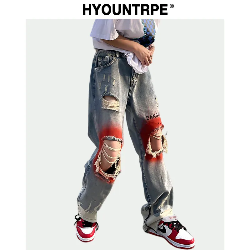 Knee Graffiti Ripped Holes Denim Jeans Men Unisex Casual Fire Printed Bottom Zipper Jeans Streetwear Hip Hop Jean Pants Joggers