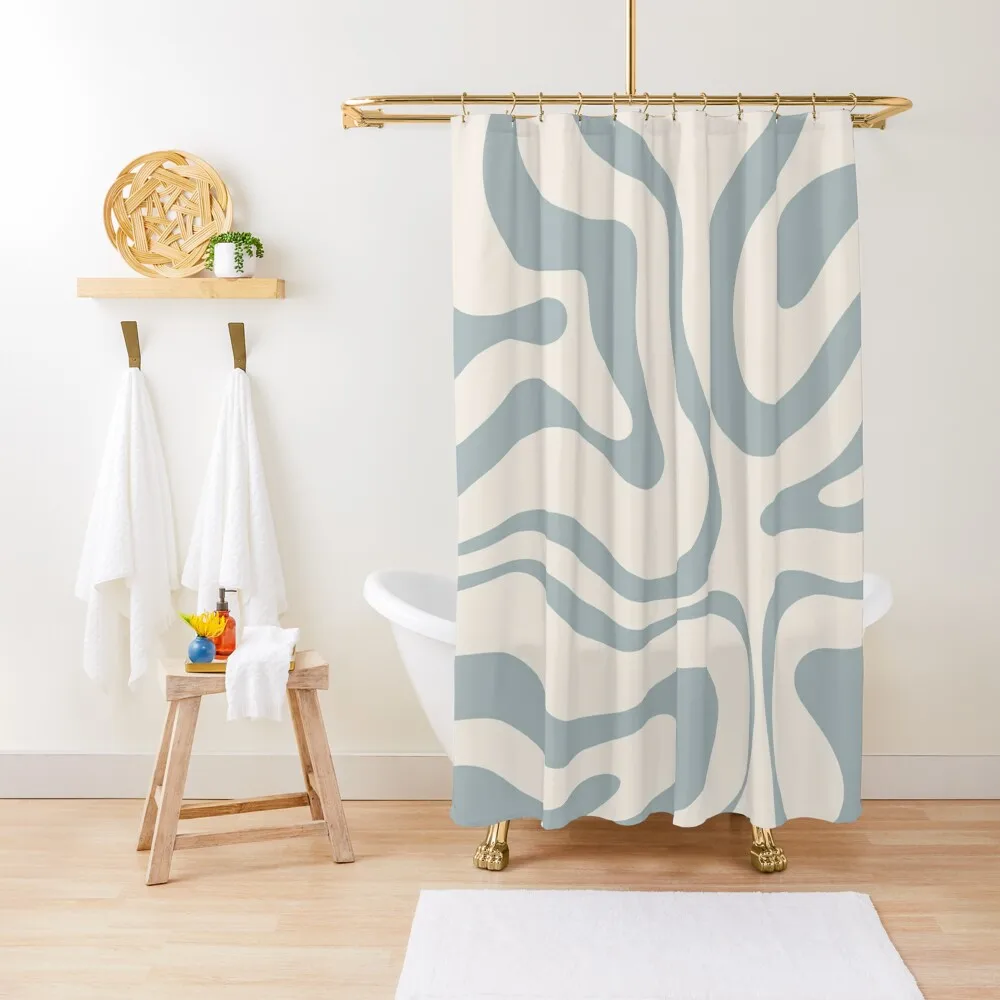 Modern Retro Liquid Swirl Abstract Pattern in Light Blue-Grey and Cream Shower Curtain Anti-Mold Waterproof Shower Curtain