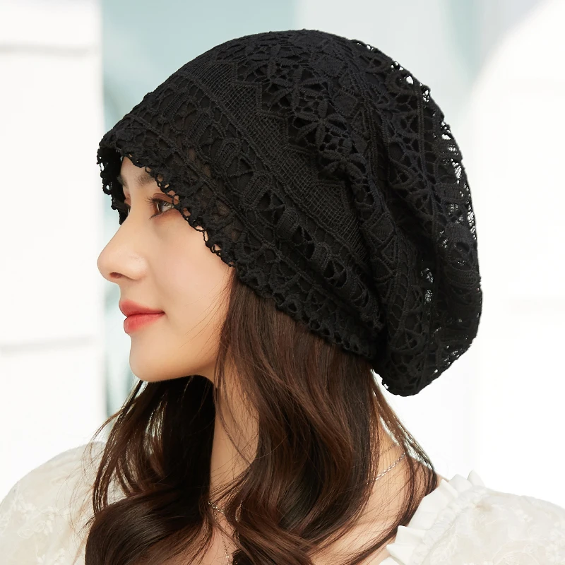 Women hats spring summer thin bonnets for women designer lace flower skullies headscarf hat autumn latest turban beanies 2