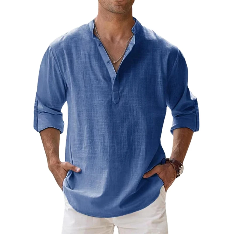 Men's Cotton Shirts Linen Casual Long Sleeve Button Down Shirt Band Collar Summer Beach Tops 5