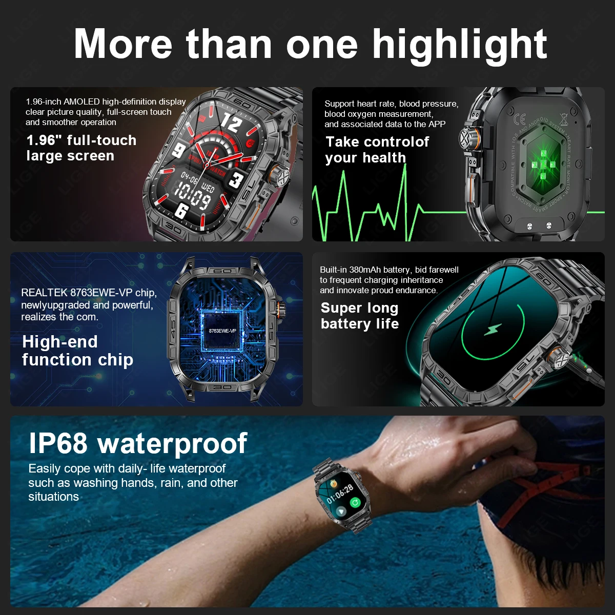 LIGE ߿  Ʈ ġ  1.96ġ AMOLED ũ  ̾  ȭ  ű Smartwatch Men