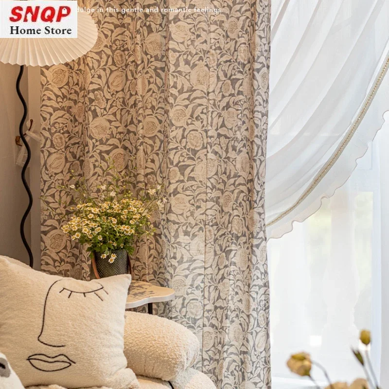 

American Cotton Linen Oil Painting Floral Curtains for Living Room Bedroom Dining Beautiful Print Semi-blackout Tulle Luxury