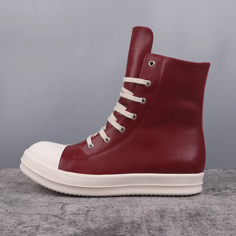 

23ss Rick Men Sneakers Women Casual Shoes High Street Ro Owens Burgundy Leather High Top Shoes Y2k Fashions