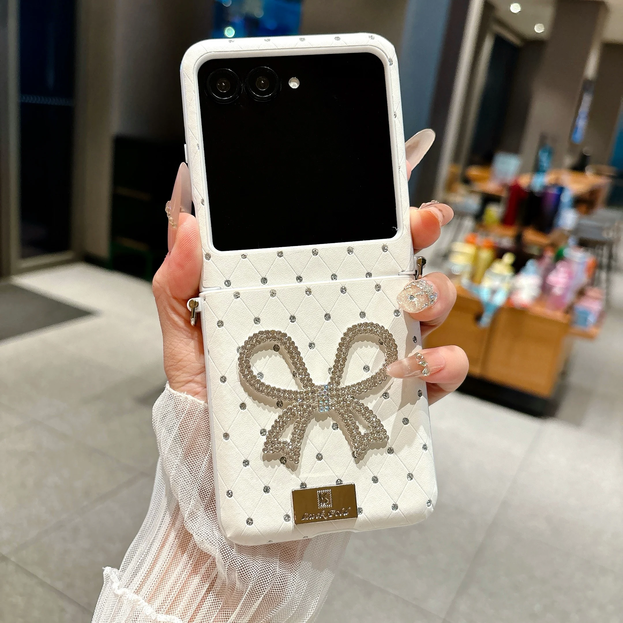 Cute Glitter Bowknot Rhinestone Flip Phone Case with Chain, Rhombus Design