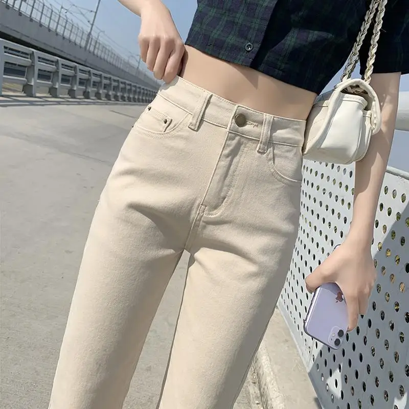 Off-white new high-rise stretch casual jeans fashion versatile straight leg thin versatile pipe pants children y2k2023 new summer thin high waist straight leg jeans women s big size fat mm thin smoke pipe pants 40 100kg