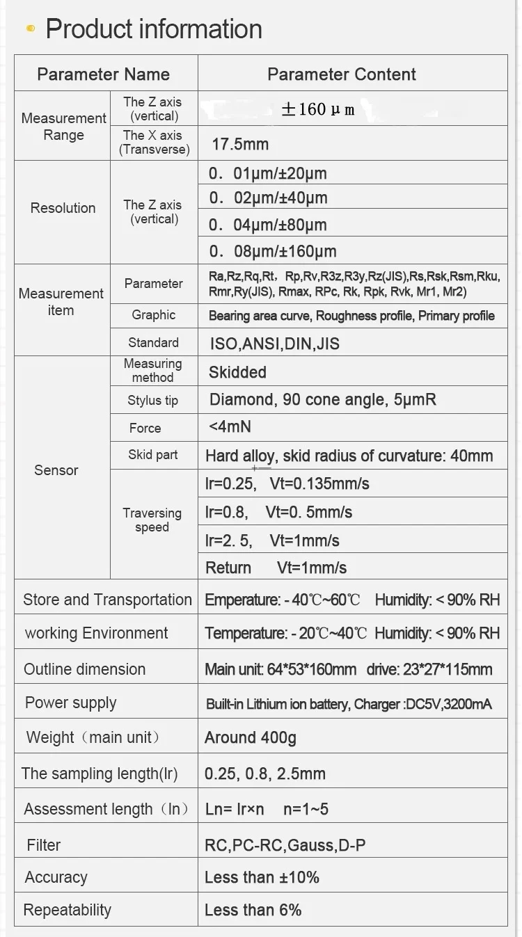 0.001um Precision Digital Graphic Surface Roughness Tester Touch 160μm Surface R