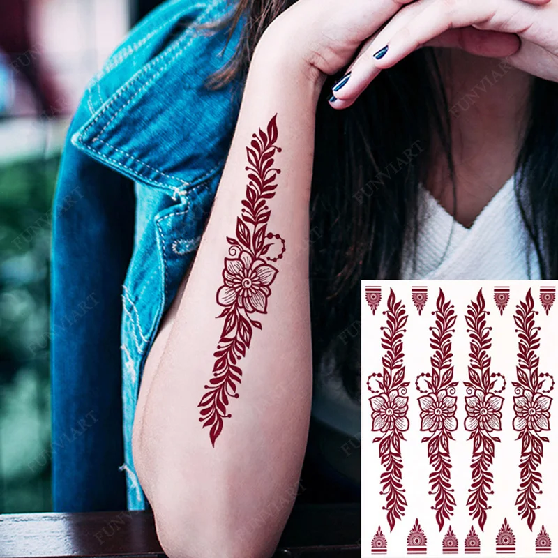 Brown Henna Tattoo Stickers for Foot Hand Flower Fake Tattoo for Women Waterproof Temporary Tattoos for Wedding Party Festival