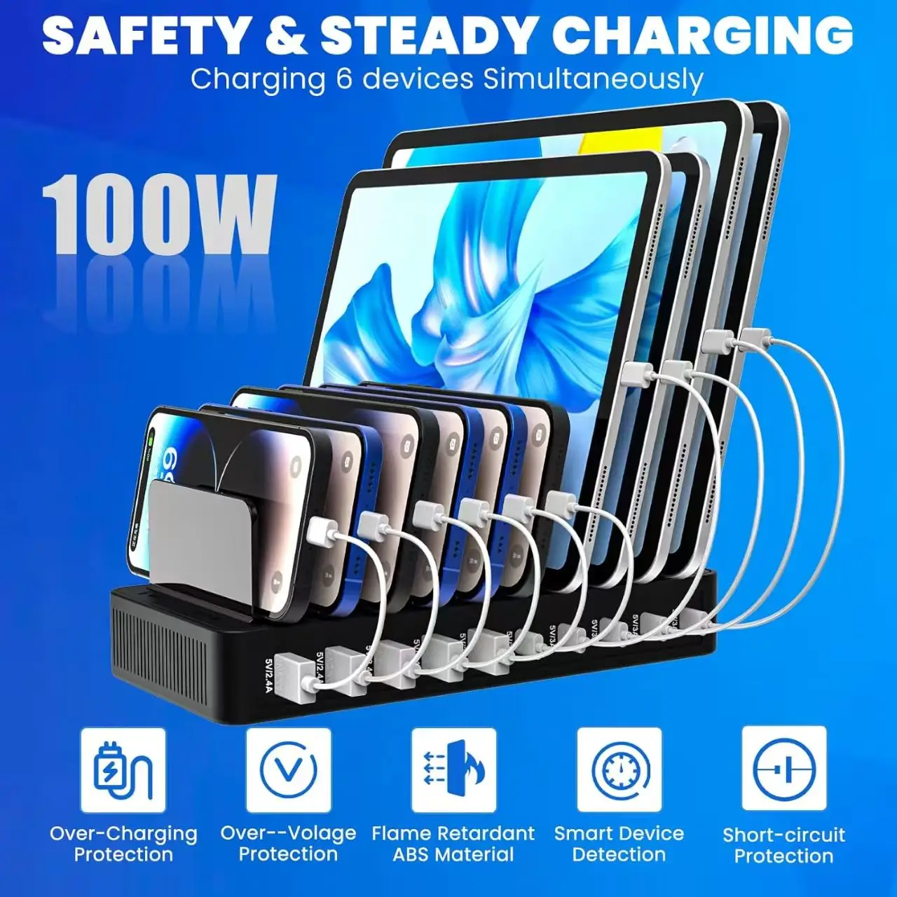 High-Powered 100W Multi-Port Charger with Stand: Supports 10 Devices Simultaneously