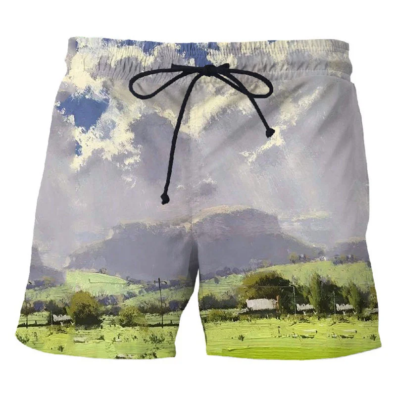 

Fashion Port Sailboat Pattern Beach Shorts Men's Sports Shorts 3D Print Oil Painting Summer Swim Trunks Street Short Pants