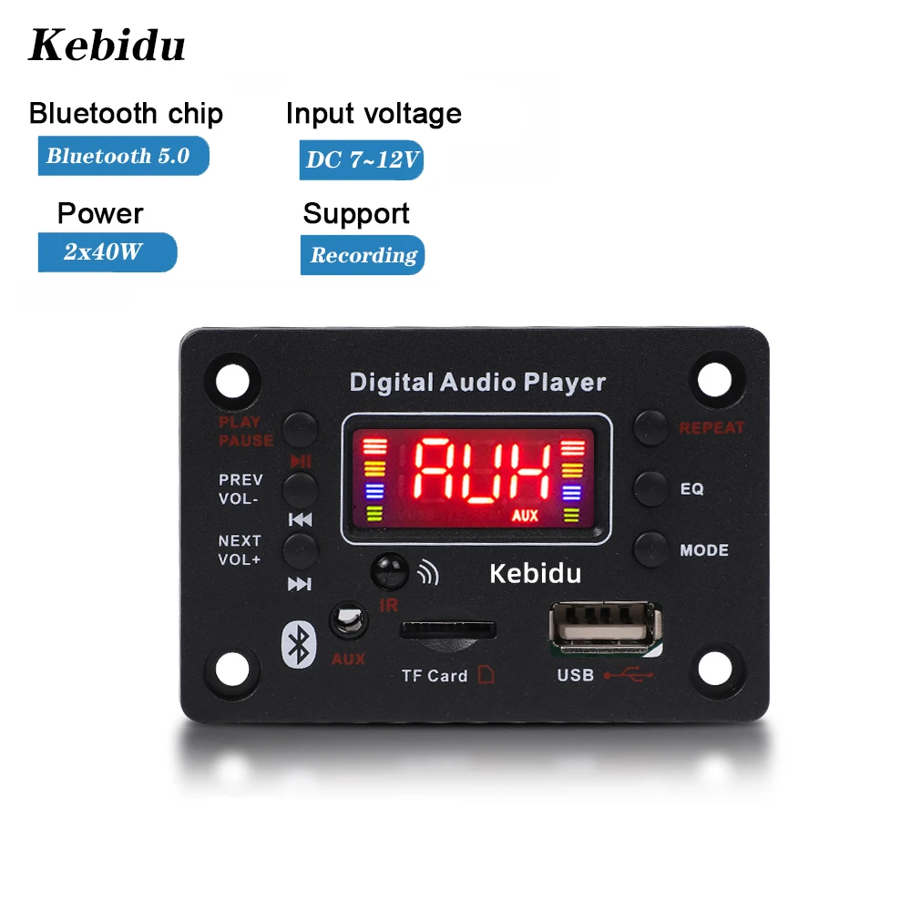 80W Bluetooth 5.0 Car MP3 WMA Decoder Board 2*40W Amplifier USB AUX FM Radio MP3 Player Color Screen Remote Control