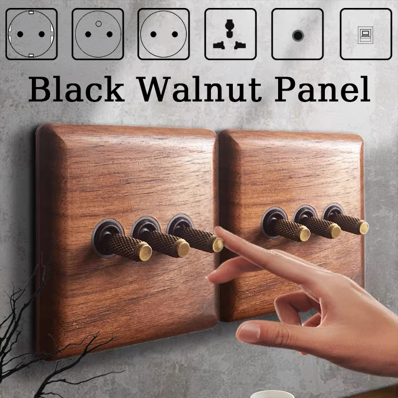 Madeira Maciça Latão Toggle Switch Board Lâmpada de Parede Tomada Interruptor Padrão Antique Home Europeu ue ru fr 86×86 mm
