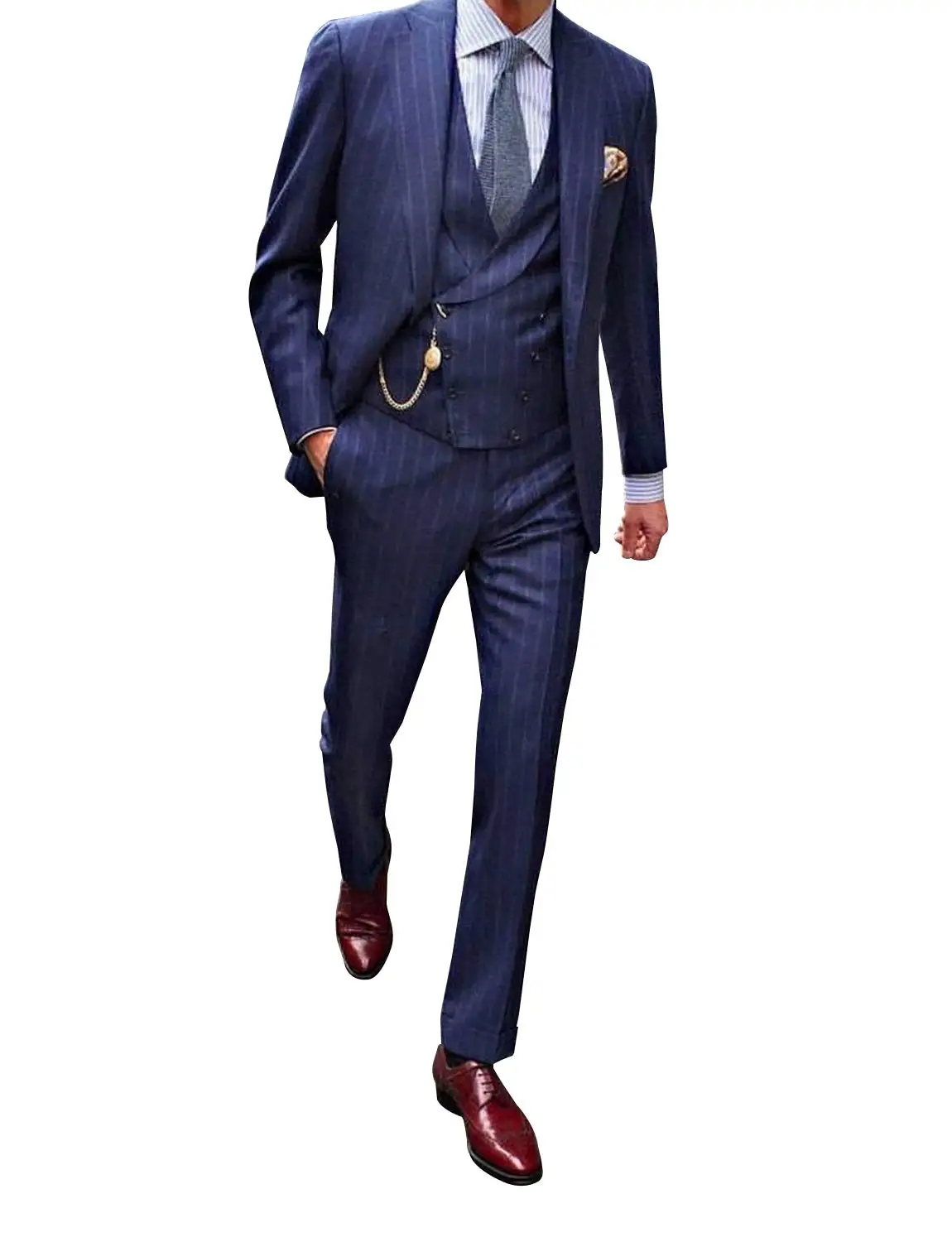 Men's One Button Pinstripe Suit Peaked Lapel Jacket Tux Vest Trousers Dress Groom Business Tuxedos men suits wedding prom suits