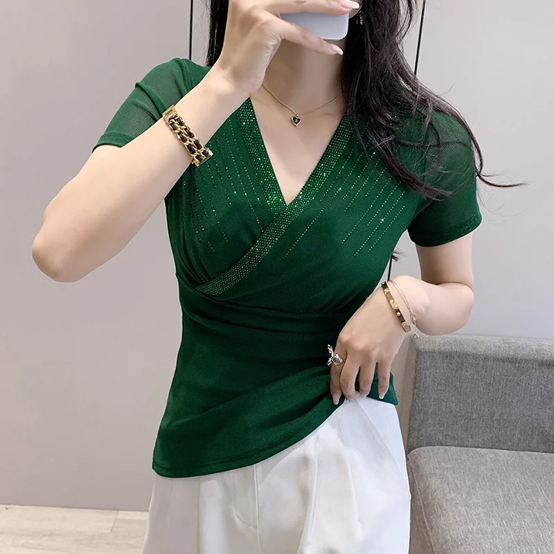 

#5403 Summer Wrap T Shirt Women V-neck Diamonds Sexy Tight Stretch Mesh Short Sleeve T Shirt Female Streetwear Tee Solid Color
