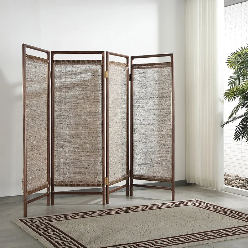 

North American black walnut screen new Chinese porch partition folding screen solid wood rattan woven hollow white wax