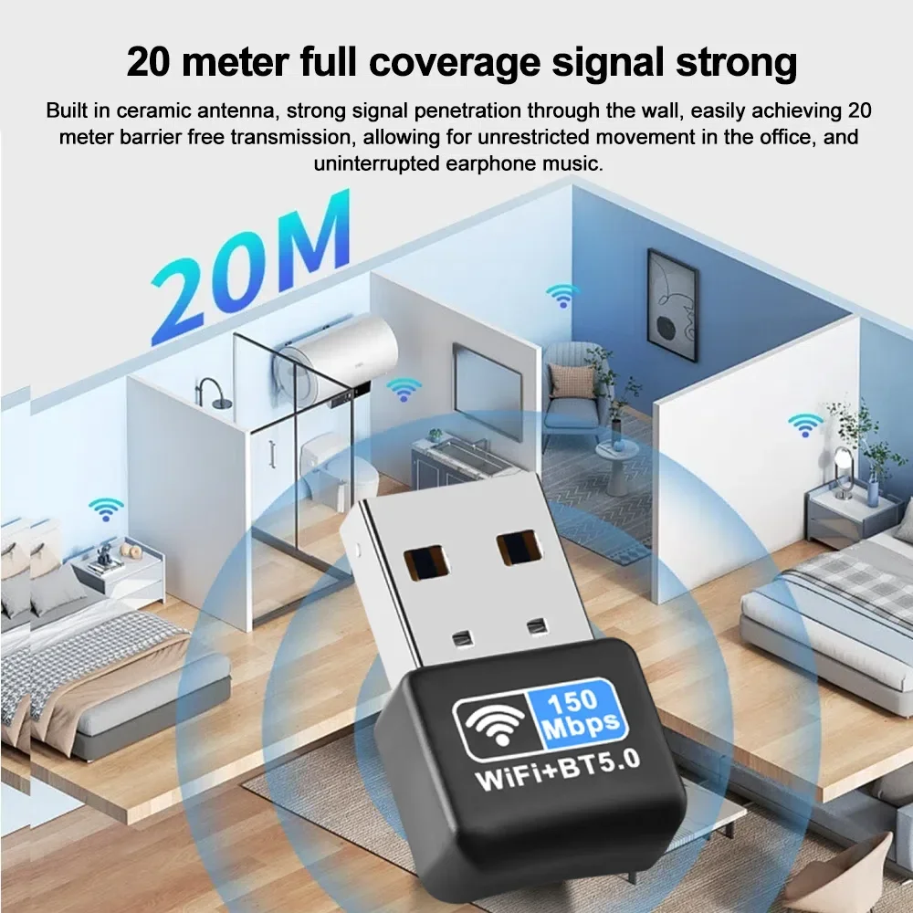 미니 USB WiFi 어댑터 150m 2.4G 블루투스 5.0 휴대용 무선 네트워크 카드 어댑터 PC 노트북 윈도우 10/11 드라이버 무료