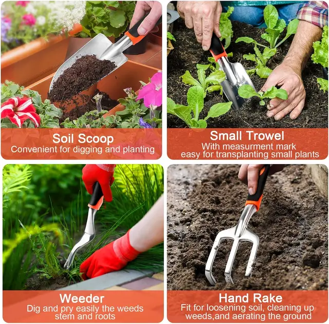 8 Piece Garden Tools Set with Non Slip Ergonomic Handle, Heavy Duty Gardening Kit with Storage Bag for Women and Men, Orange