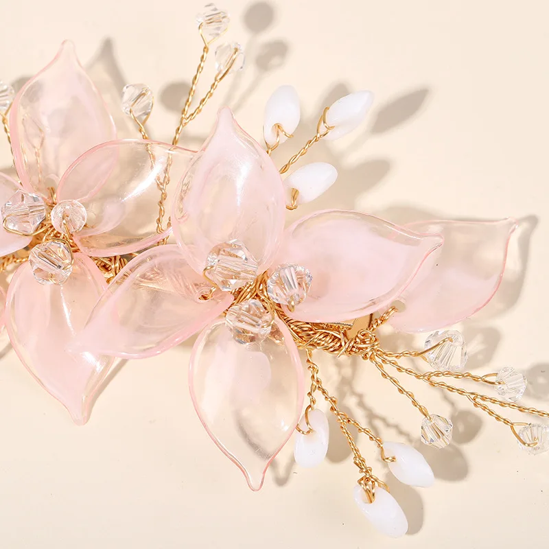 Pink Flower Hair Clips for Bride Wedding Hair Accessories Crystal Floral Hairpins Pearl Headpiece for Women Party Hair Jewelry images - 6