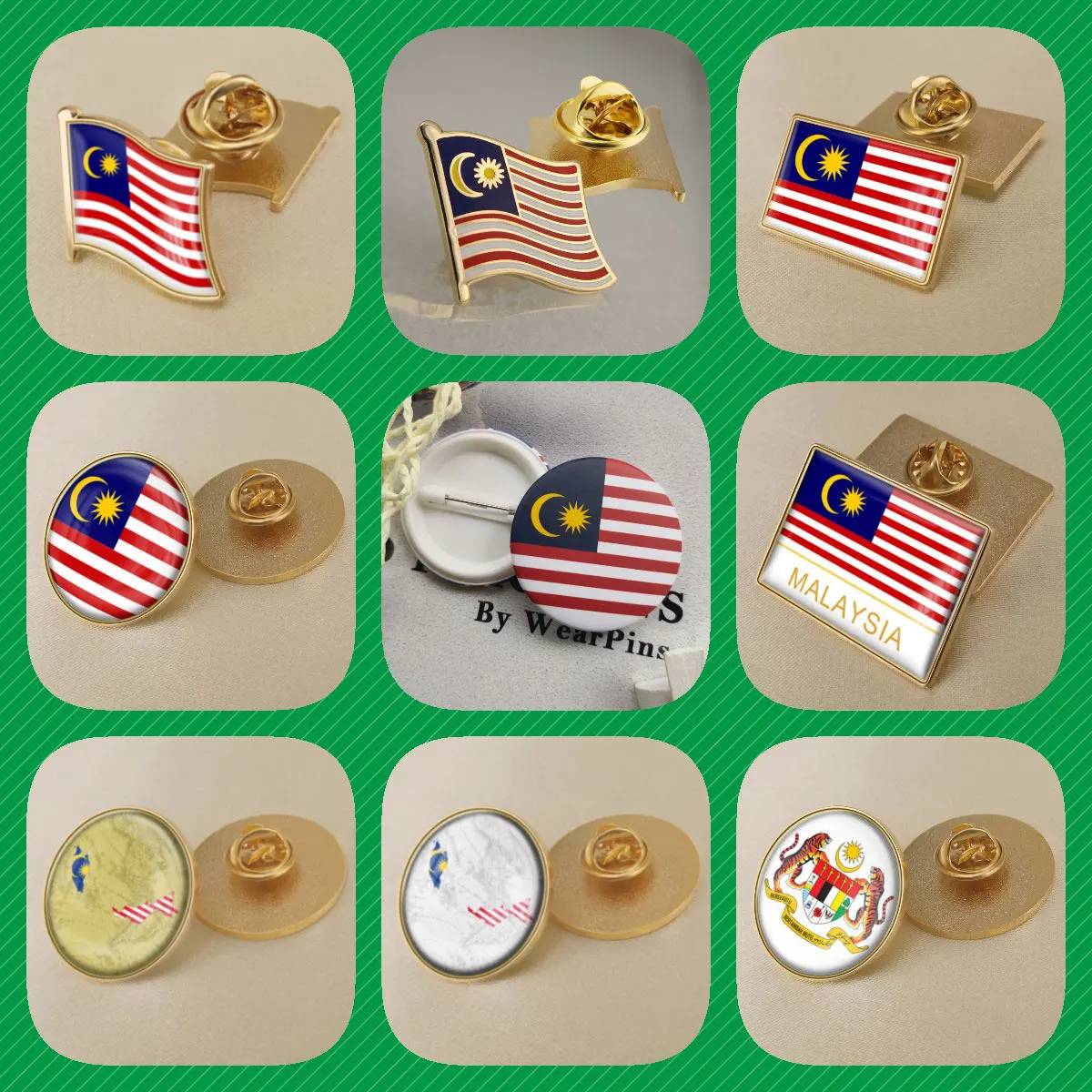 MalaysiaMalaysianMapFlagNationalEmblemNationalFlowerBrooches