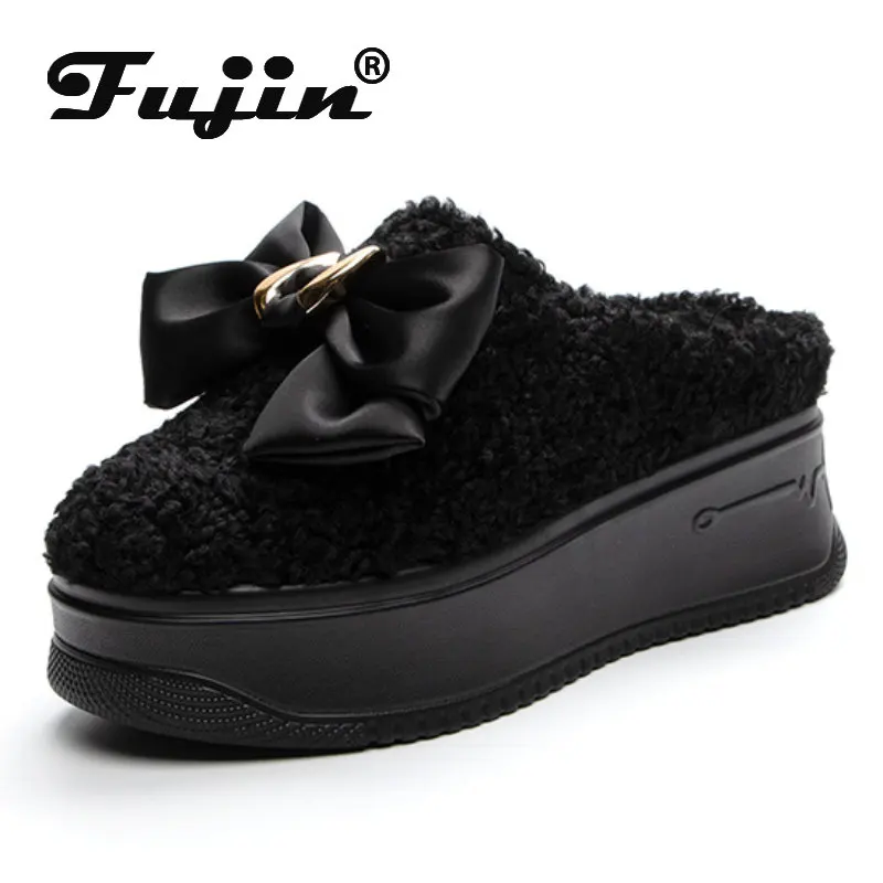 

Fujin 6cm Slippers Platform Wedge Autumn Spring Winter Plush Women Fashion Warm Fur Slides for Women Butterfly Knot Flats Shoes