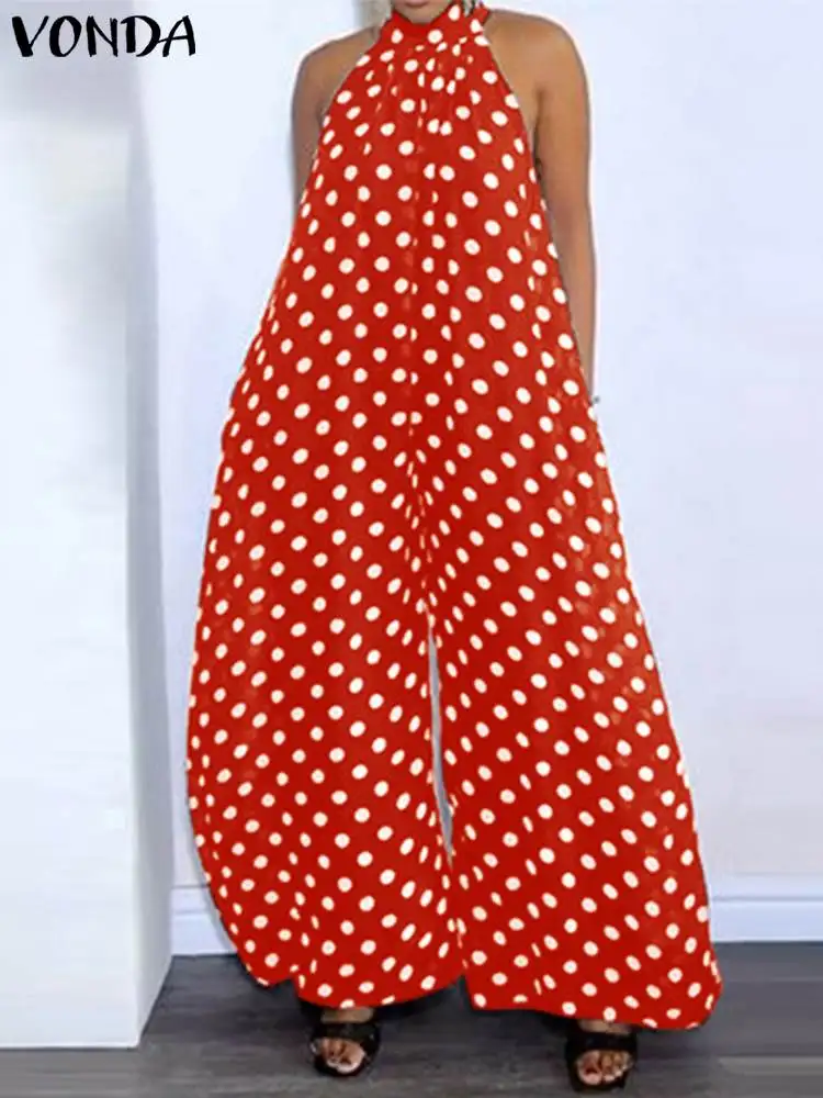 

VONDA Women Jumpsuits 2024 Vintage Standing Collar Sleeveless Polka Dot Jumpsuit Summer Party Romper Overalls Oversized