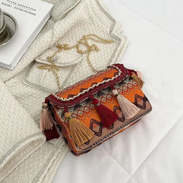 Tassel Bohemia Shoulder Square Bag Embroidery Summer Handwoven Beach Mix Contrast Color Designer Thin Metal Strap Hasp Pocket