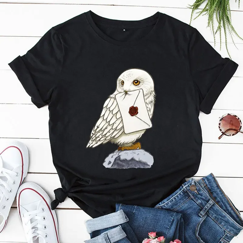 

Women T-Shirt Summer Short Sleeve O-Neck Tees Fashion Casual Cute Owl Print T-Shirt Cartoon Tops 2024 New Plus Size Garment Top