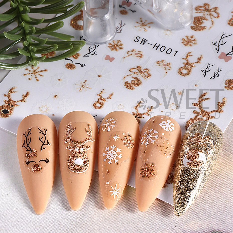 2pcs Cartoon Christmas Nail Stickers Glitter Gold Snowflake Reindeer Glove Xmas Tree Nail Slider Decals DIY Manicure Decoration