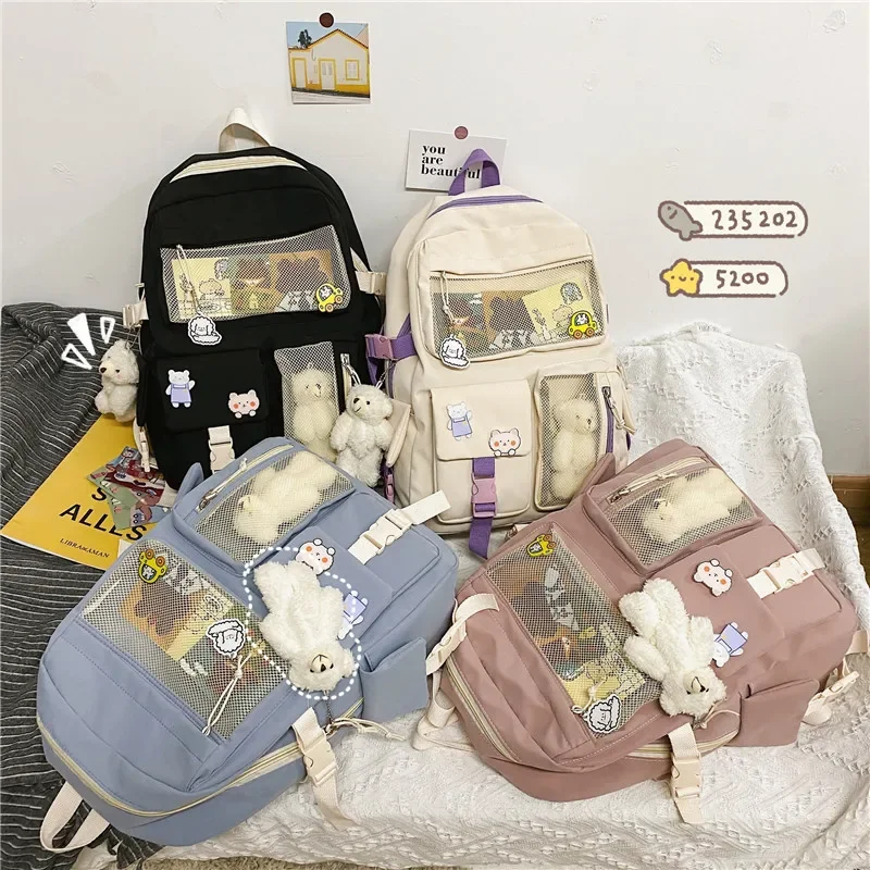 Buckle Badge School Backpack Candy Color Fashion Cute Schoolbag Shoulder Student Bag Teenage Girls College Backpack 5