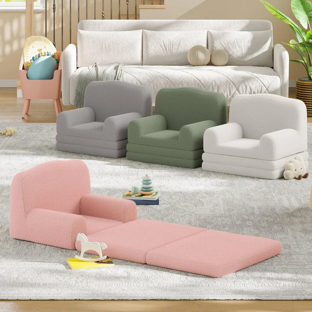 Kids Reading Chair, Sherpa Convertible Toddler Couch Fold Out Sofa Bed with Washable Cover, Crown Design for Playroom Nursery