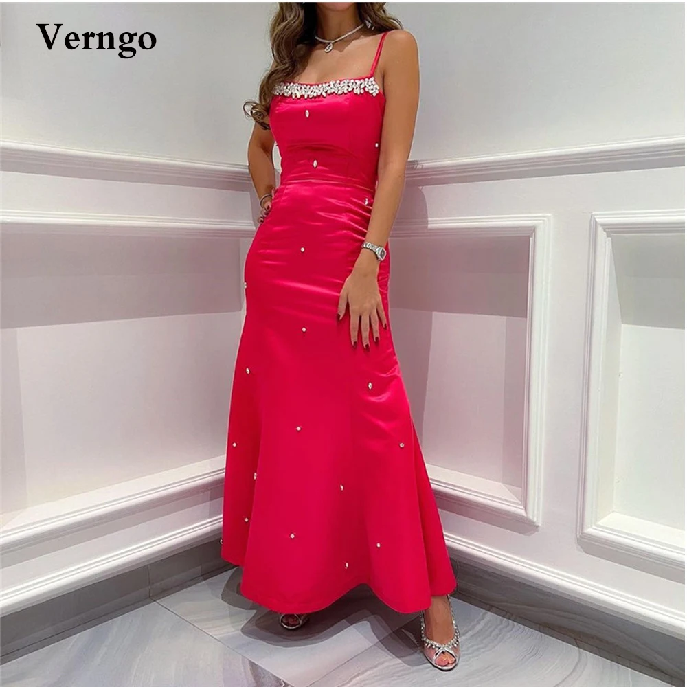 

Verngo Hot Pink Mermaid Satin Prom Dresses Beads Spaghetti Straps Ankle Length Evening Party Gowns Formal Night Event Dress