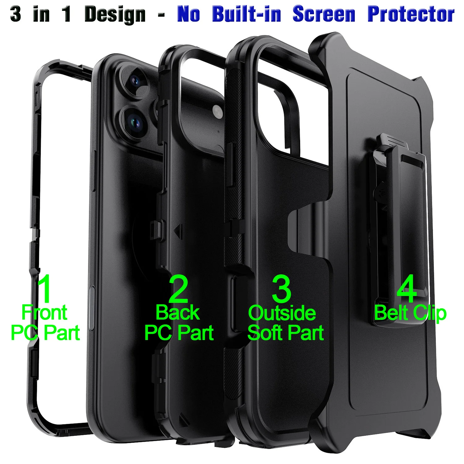 Heavy Duty 3-Layer Shockproof Defender Armor Case with Belt Clip and MagSafe Charging Compatibility