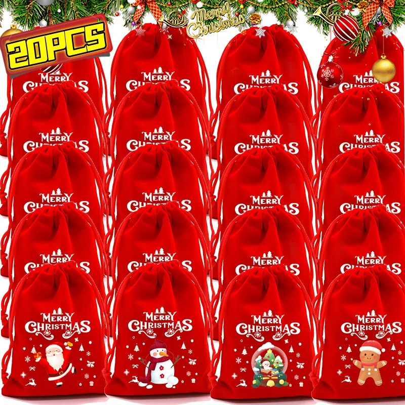 Drawstring Christmas Velvet Bags Red Gift Packaging Bag Candy Biscuit Pouch Merry Christmas Bracelet Jewelry Storage Bag 20/1PCS