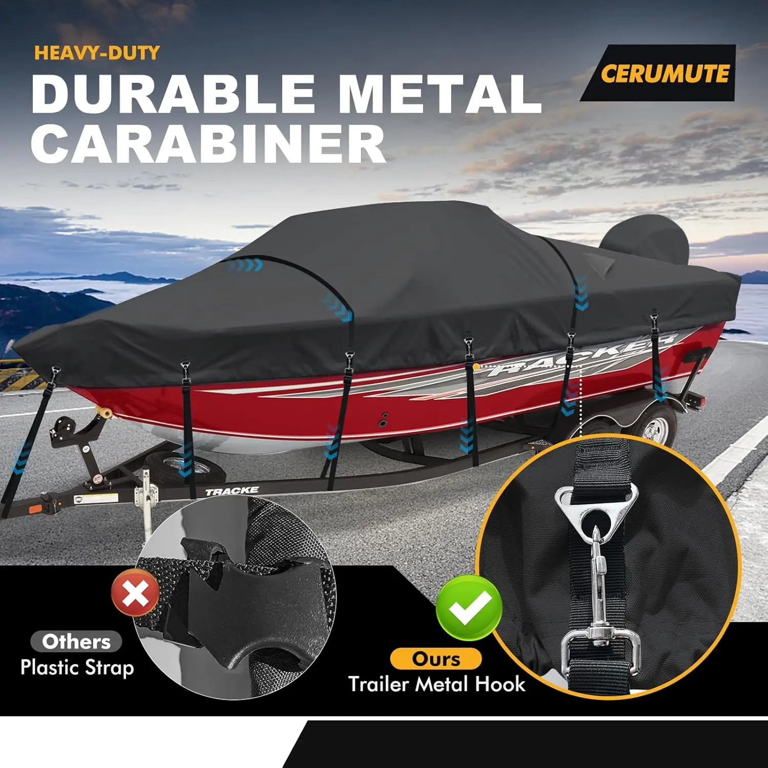 Heavy Duty 1200D Waterproof Boat Covers 17-19ft with Motor Cover and Windproof Adjustable Metal Buckle Fits Bass Boat, V-Hull, T