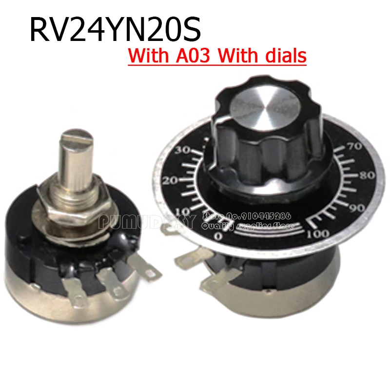 1sets (3PCS) RV24YN20S 1K-500K Ohm Single Turn Carbon Film Rotary Taper Potentiometer A03 Knob Dials