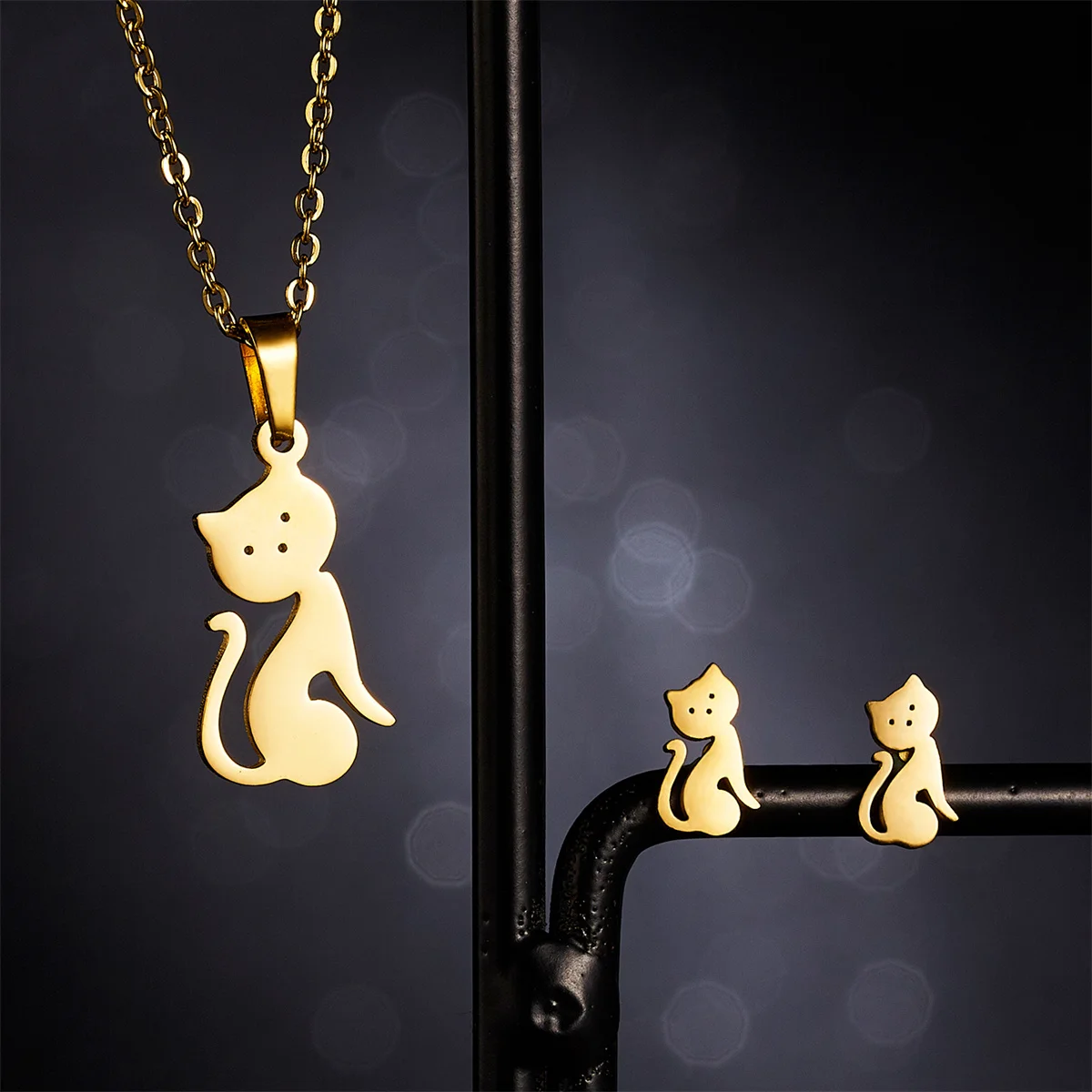 Classic Stainless Steel Cat Pendant Necklace Earrings Set For Women Cartoon Butterfly Star Flower Jewelry Set Anniversary Gifts - Image 2