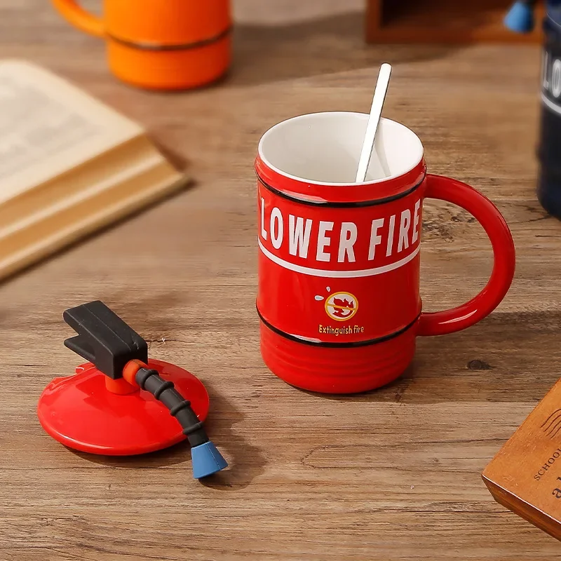 Coffee Mug Creative Ceramic Fire Extinguisher Shape Personality Water Bottle Home Office Coffee Mug with Lid Spoon Fireman Perfect Gift