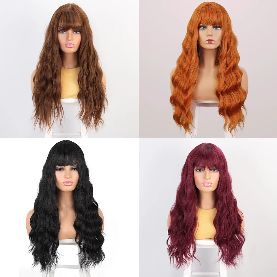 Long Brown Synthetic Wig with Bangs Water Wave Wigs for Women Cosplay Pink Red Blue Blonde Wigs Heat Resistant Fiber images - 6