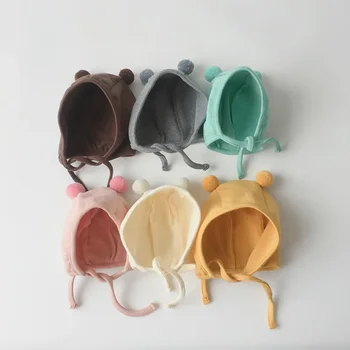 봄 가을 귀이개 아기 모자, 귀여운 폼폼, 레이스업 유아 모자, 부드러운 코튼, 따뜻한 머리 장식, 3-18 개월 신생아 아기 모자