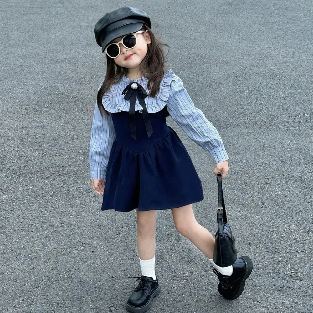 Sweet Bowknot Girls' College Style Dress Pleated Loose Girls Long Dress Peter Pan Collar Sweet Stripe Princes Dress Spring/Fall