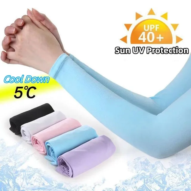 1 Pair Summer Long Ice Silk Arm Sleeves Sun UV Protection Hand Protector Cover Sunscreen Outdoor Elastic Half Finger Gloves Set 2