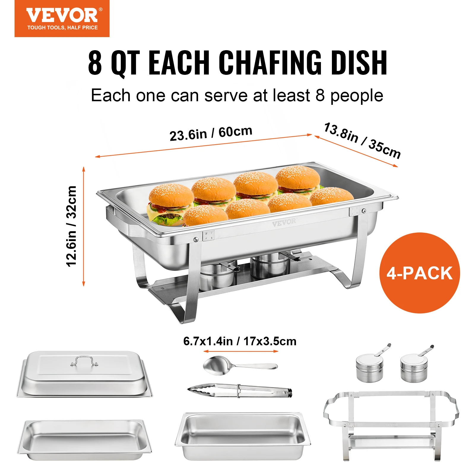 VEVOR 8 Qt 2/4/6 Pack Chafing Dish et Set Stainless Chafer Full Size Pans Rectangle Catering Warmer Server Lid chafing dish set