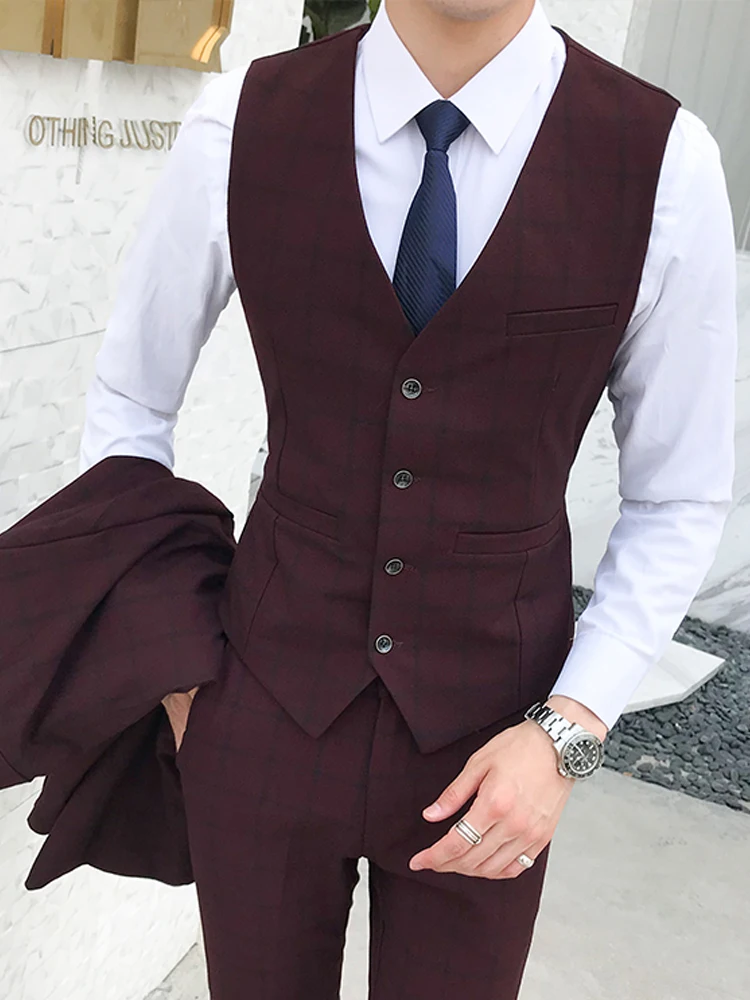 Men's Plaid Vest Pants 2pcs Business Professional Youth Office Worker Formal Wear Wedding Banquet Gentleman Suit Dress Waistcoat 3